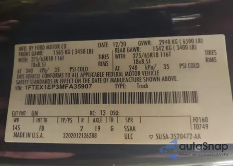 2021 Ford F-150 Xlt из США, поврежденный, VIN 1FTEX1EP3MFA35907